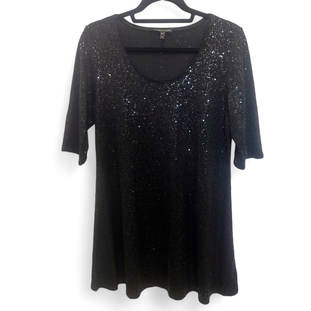 Eileen Fisher black mid sleeve full sequin mini dress/tunic - size Medium